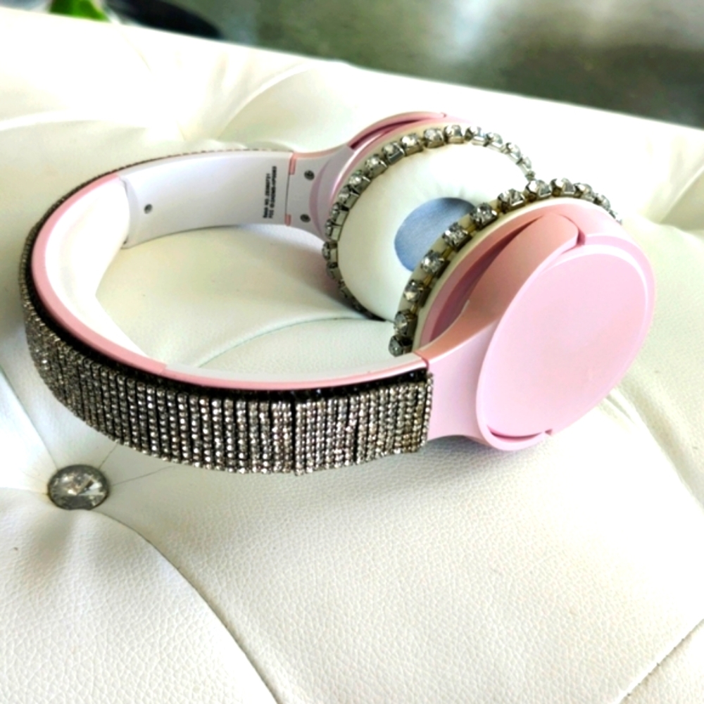 Pink rhinestone wireless bling headphones